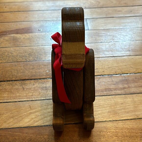 Vintage Hand Painted Wooden Jointed Sitting Teddy Bear with Red Bow- Shelf Decor - Picture 3 of 8